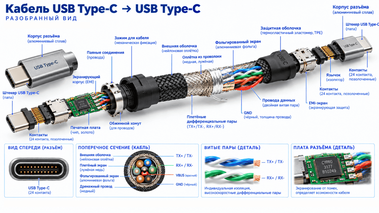 Разобранный кабель USB Type-C